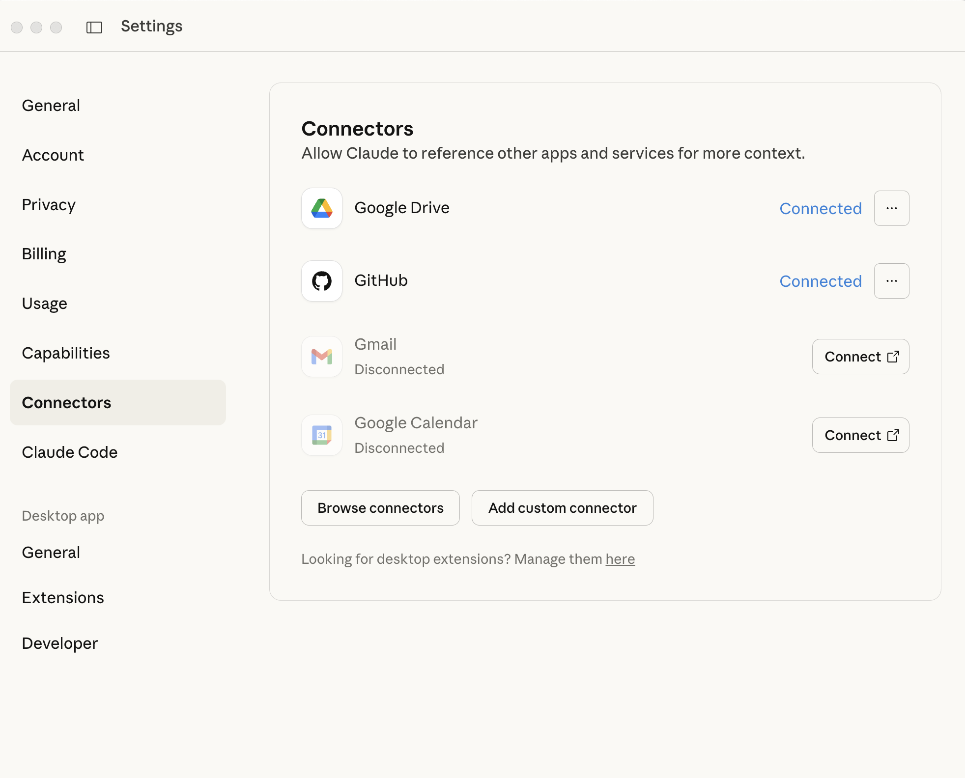 Claude Settings - Connectors