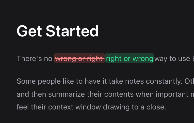 A replacement suggestion shown inline with removed text in red and proposed text in green