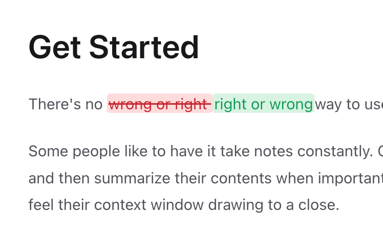 A replacement suggestion shown inline with removed text in red and proposed text in green