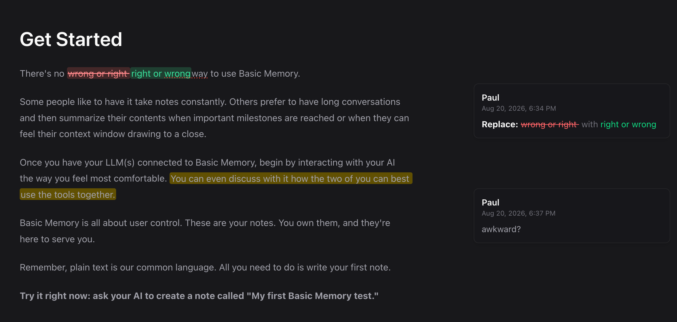 Review rail with a replacement suggestion and a comment aligned beside their highlighted passages