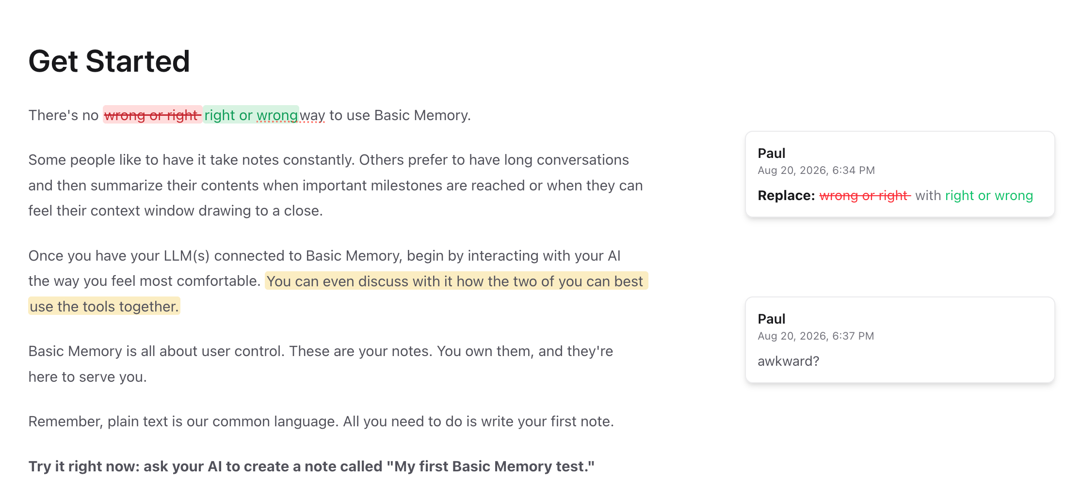 Review rail with a replacement suggestion and a comment aligned beside their highlighted passages