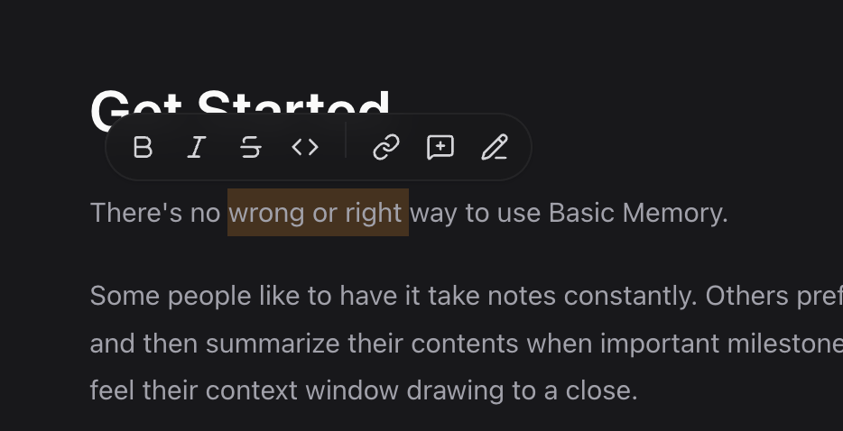 Selected text and the review actions in the rich editor toolbar