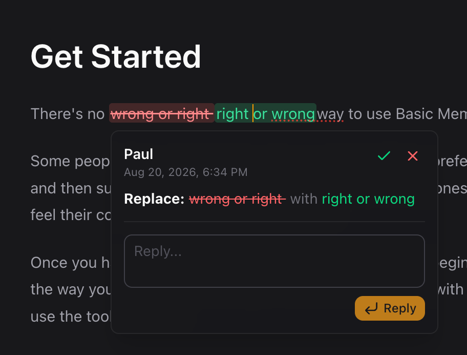 A replacement suggestion thread with author, timestamp, accept, reject, and reply controls