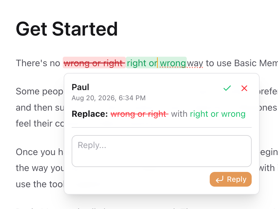 A replacement suggestion thread with author, timestamp, accept, reject, and reply controls