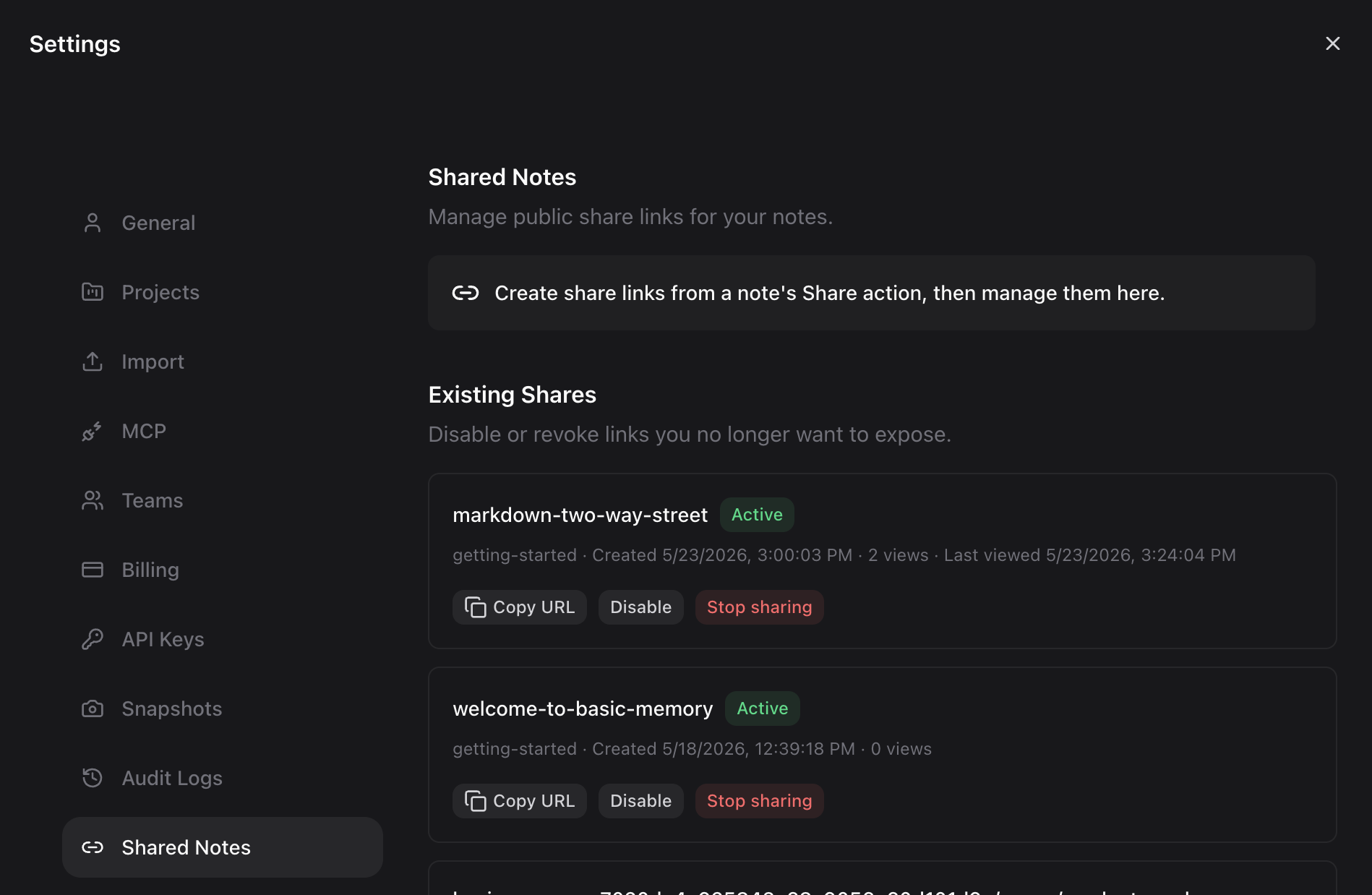 Shared Notes settings