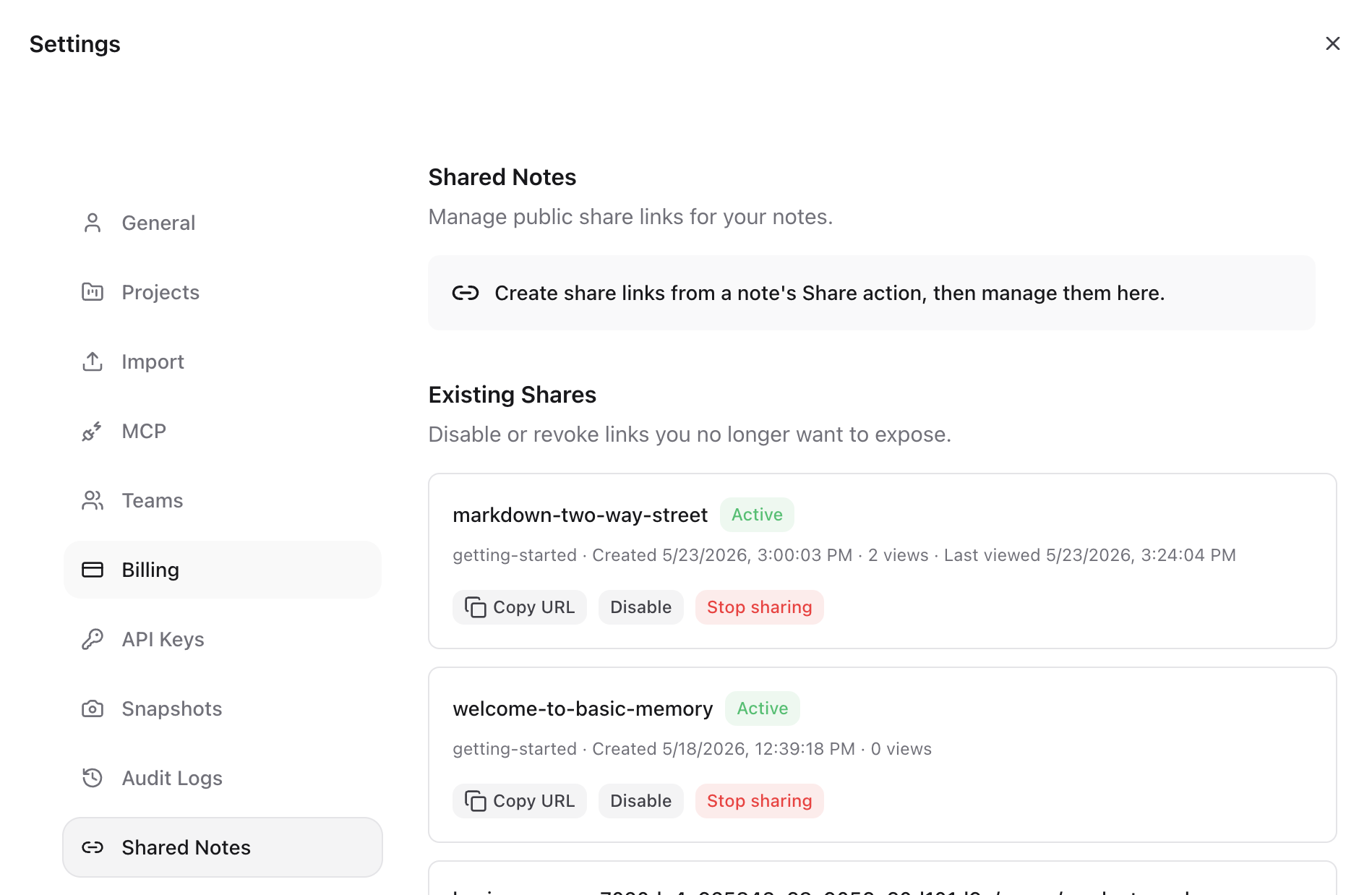 Shared Notes settings