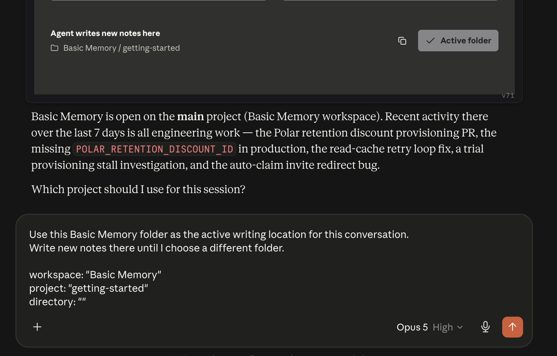 A folder selected as the active writing location in the Basic Memory MCP App