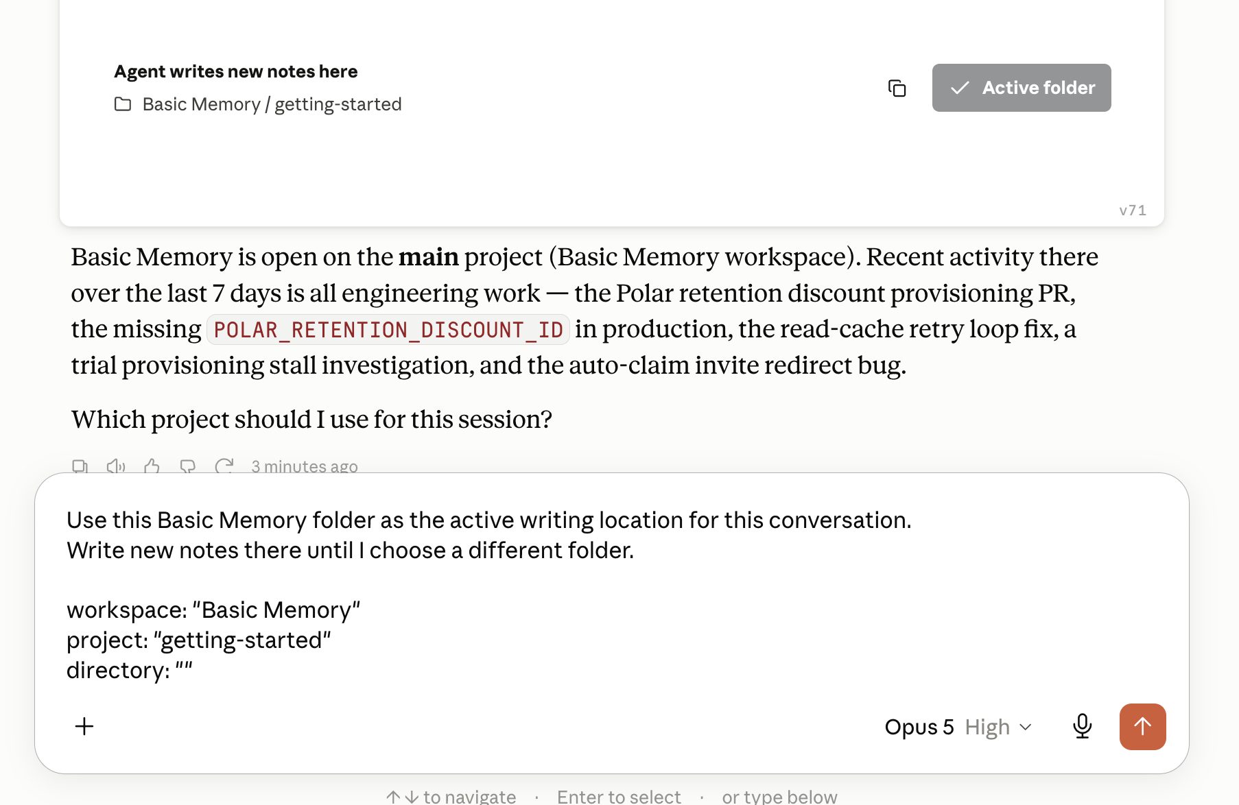 A folder selected as the active writing location in the Basic Memory MCP App