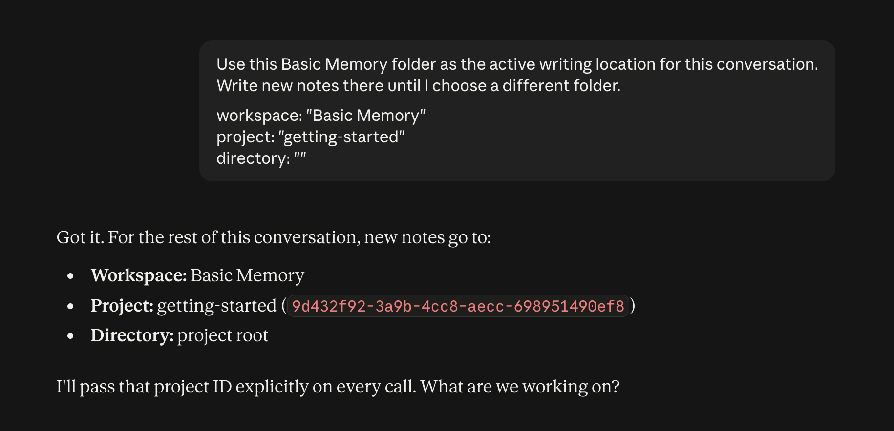 An assistant confirming the active Basic Memory workspace, project, and folder