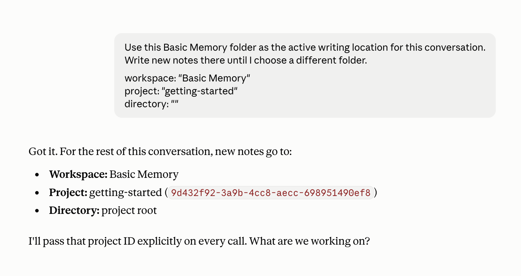 An assistant confirming the active Basic Memory workspace, project, and folder