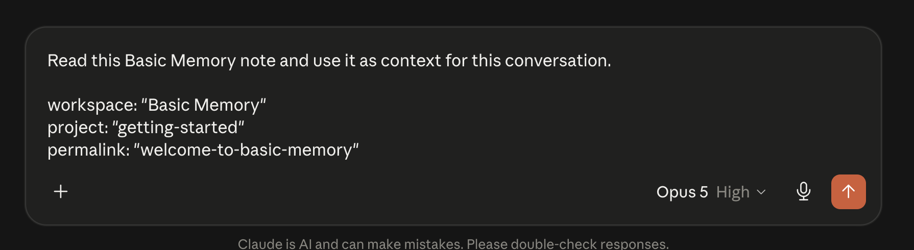 A conversation prompt prepared with a Basic Memory note's workspace, project, and permalink