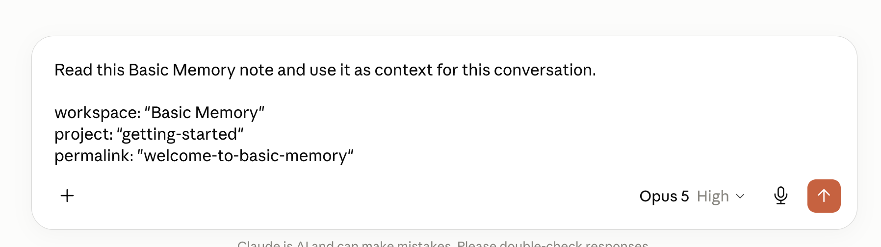 A conversation prompt prepared with a Basic Memory note's workspace, project, and permalink