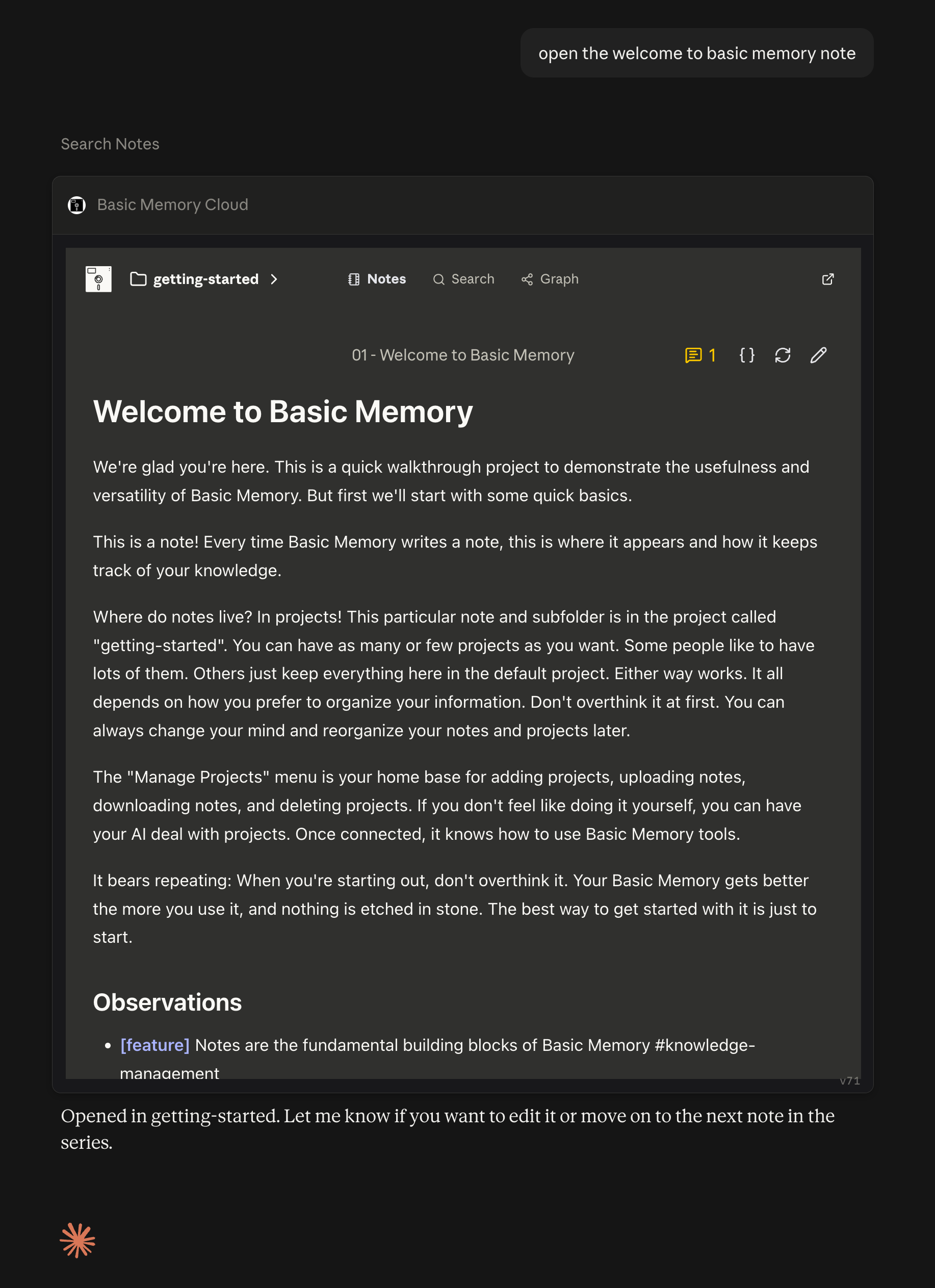 A Basic Memory note rendered inside the MCP App reader