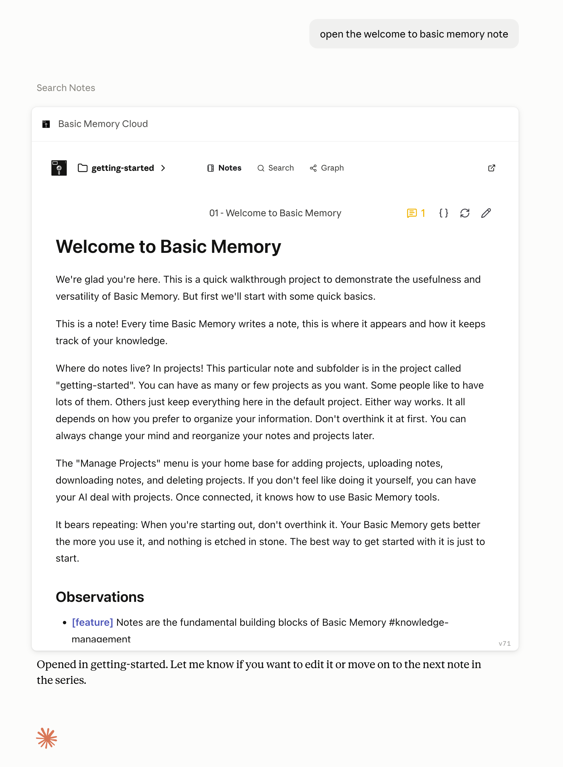 A Basic Memory note rendered inside the MCP App reader