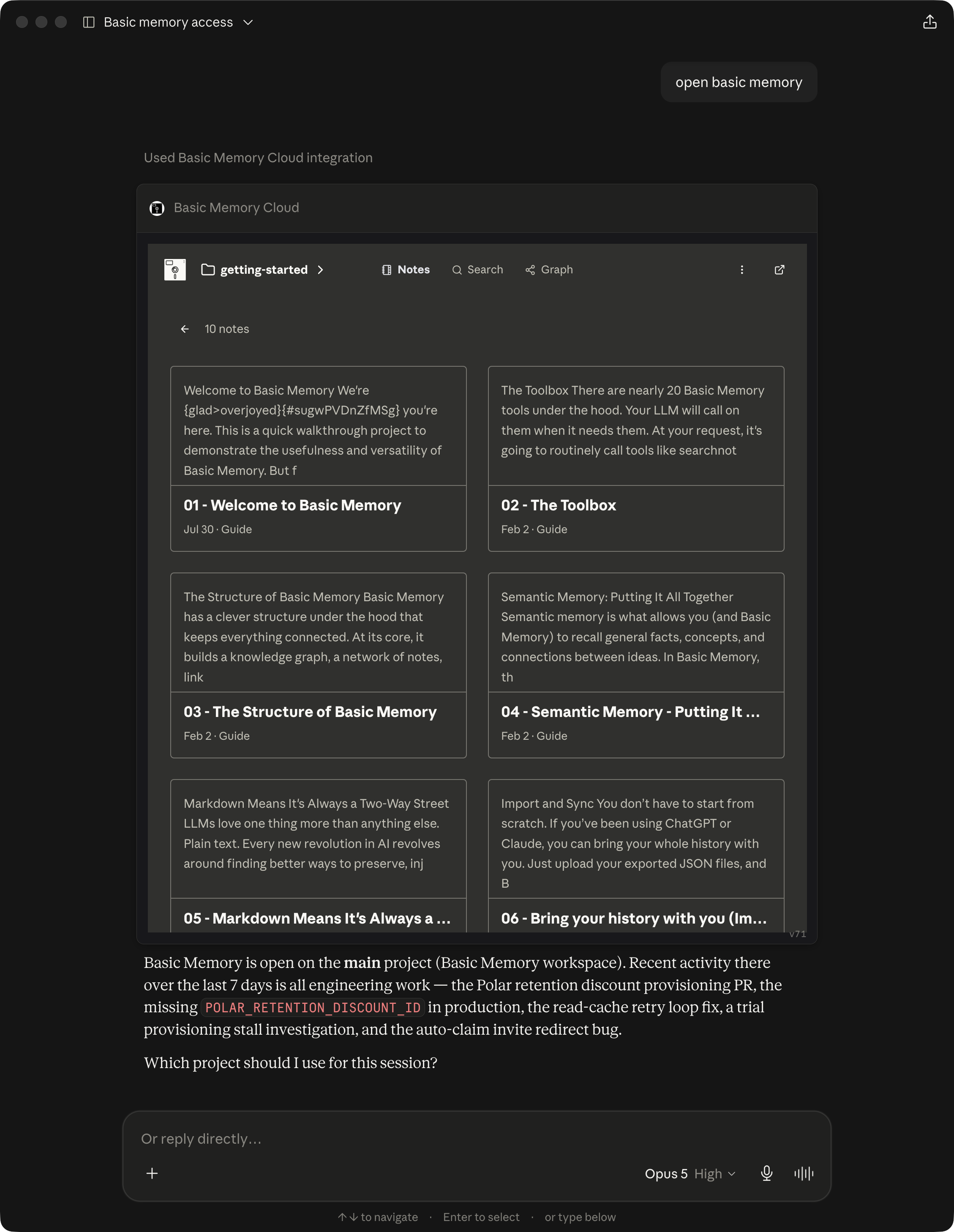 The Basic Memory MCP App open to the Notes gallery inside an AI conversation