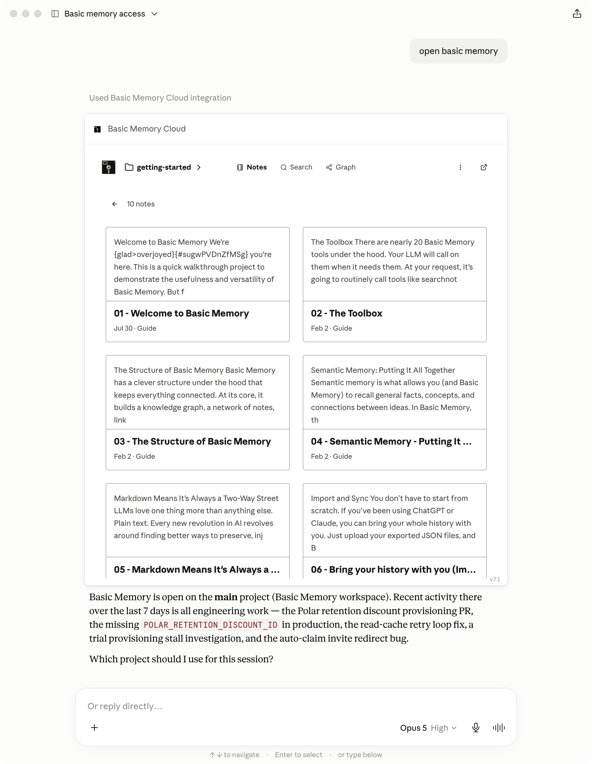 The Basic Memory MCP App open to the Notes gallery inside an AI conversation