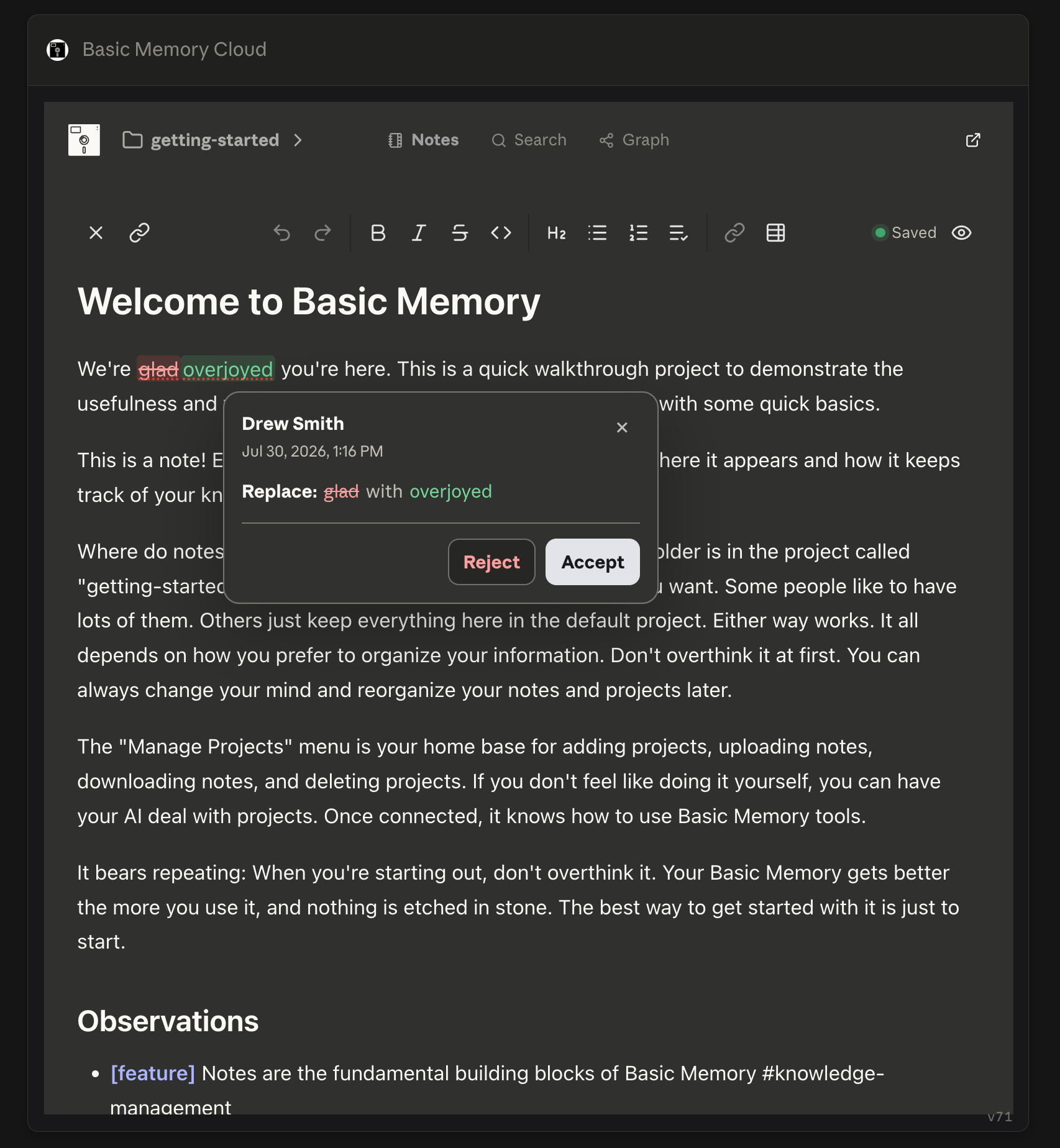 A replacement suggestion with Accept and Reject actions in the MCP App editor