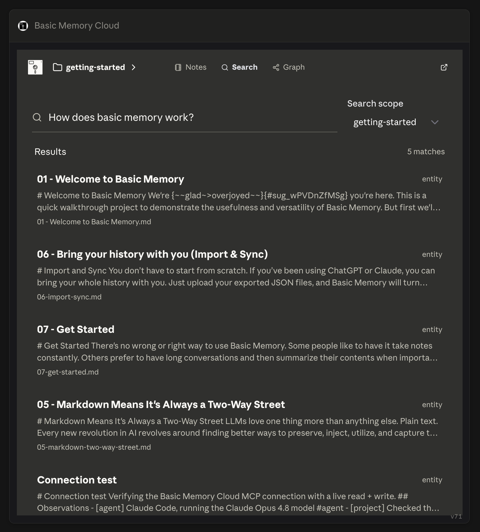 Search results in the Basic Memory MCP App