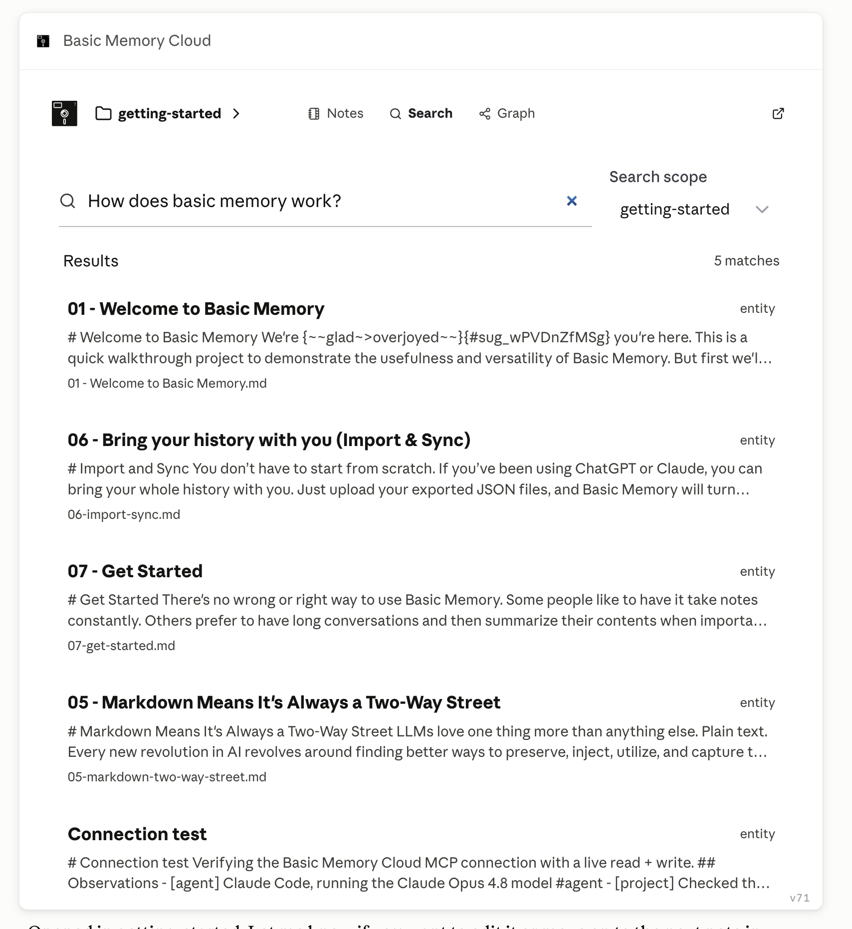 Search results in the Basic Memory MCP App