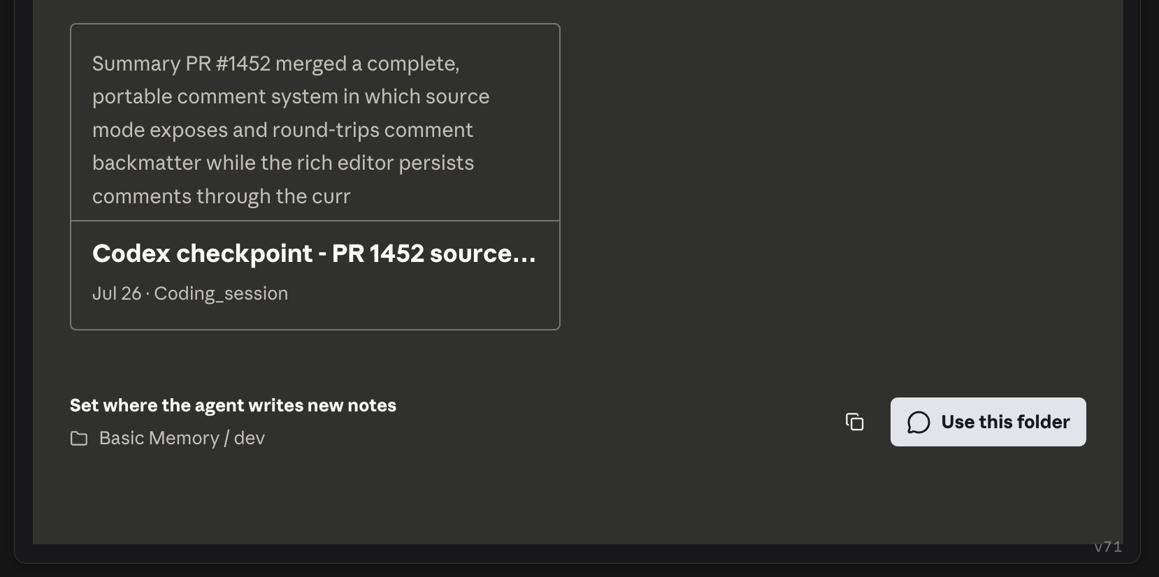 The Use this folder button before a writing location is selected in the Basic Memory MCP App