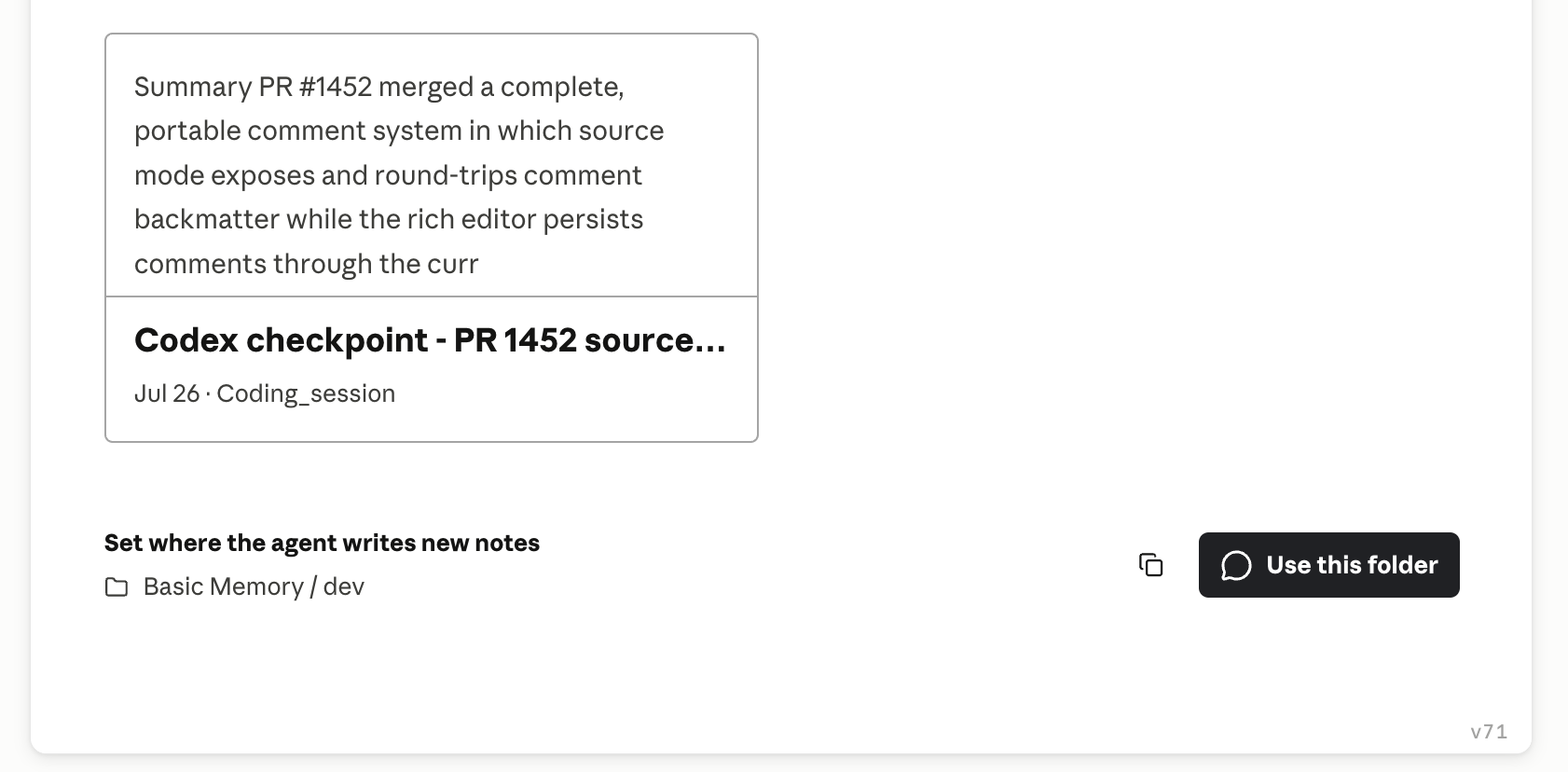 The Use this folder button before a writing location is selected in the Basic Memory MCP App