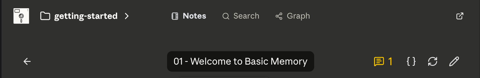 The clickable note title in the full Basic Memory MCP App reader header