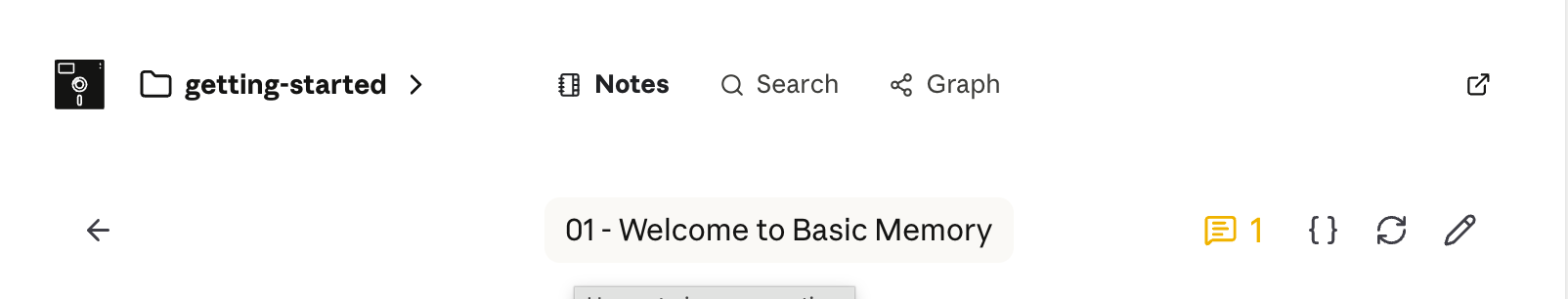 The clickable note title in the full Basic Memory MCP App reader header