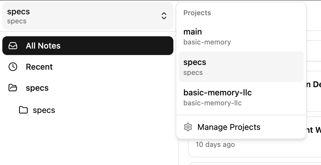 Manage Projects Menu